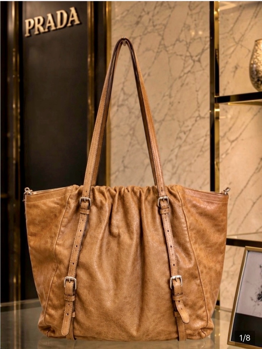 Authentic Prada Large Vintage Gathered Shoulder Tote-Cognac Carmel Leather Rare